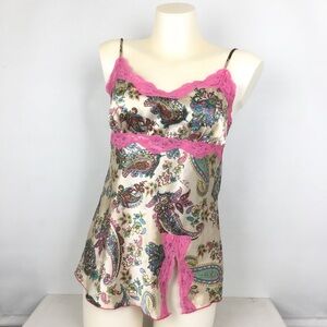 Vintage Y2K Satin Tank Top Camisoles Tan Pink Lace Trim Empire Waist Babydoll